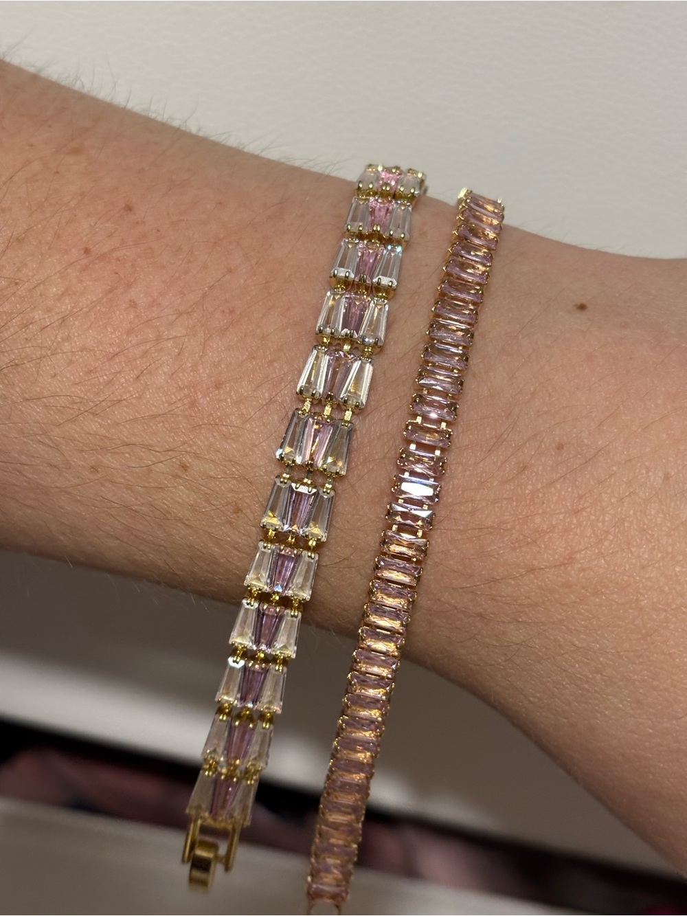 Gold-Plated Pink Baguette Crystal Tennis Bracelet Set - Women Jewelry
